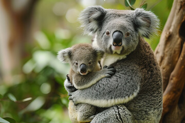 mother and baby koala hug each other
