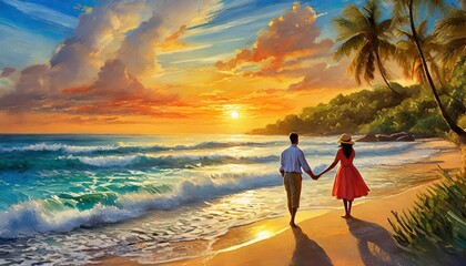 Wall Mural - a whimsical and romantic painting of a tropical sunset. Use a soft, watercolor-inspired technique to blend warm sunset tones with the cool blues of the ocean. Add playful details like seagulls or a co