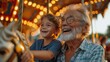 ็Hispanic senior age 70s man with grandson enjoy laughing out loud playing together, bonding grandparent relationship with grandchild lifestyle free time play relish a carousel ride in zoo park