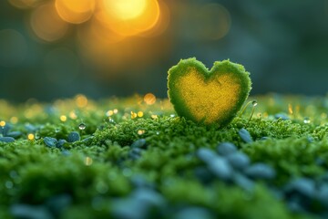Wall Mural - Green nature hearts, saint valentine's day illustration, bokeh blurred background. Generative AI