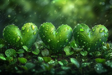 Wall Mural - Green nature hearts, saint valentine's day illustration, bokeh blurred background. Generative AI