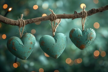 Wall Mural - Green nature hearts, saint valentine's day illustration, bokeh blurred background. Generative AI