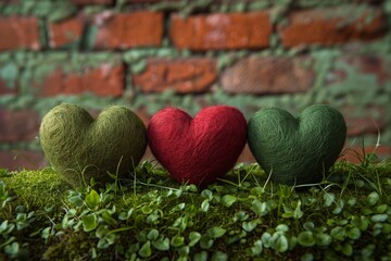 Wall Mural - Green nature hearts, saint valentine's day illustration, bokeh blurred background. Generative AI