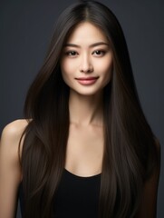 Beautiful Asian Japanese Woman Portrait Studio Photo Photography Profile Picture Young Model with Long Hair for Fashion Beauty Skincare Haircare Products on Dark Background 3:4 