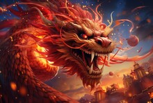 Chinese Dragon With Fireworks In The Background
