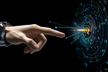 Wall Mural - Hand fingers pointing and target on dark background by generative AI.