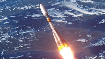 Wall Mural - cargo carrier rocket take off over earth. 3d animation. 4k.
