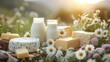 Dairy products, including bottles of milk and a variety of cheeses, are arranged on a wooden board among meadow flowers under the rays of the setting sun.

