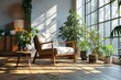 Modern living room with armchair. Scandinavian style interior design. 3D illustration.