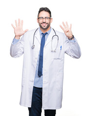 Poster - Handsome young doctor man over isolated background showing and pointing up with fingers number nine while smiling confident and happy.