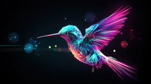 Big Data Visualization. Flight Of A Digital Humming Bird In Neon Colors. Information Aesthetic Design. Generative AI