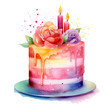 Geburtstagskuchen mit Kerzen Watercolor Bild Festlicher Kuchen Malerei Aquarell Kunst Dekor Handgemalt Originell Geschenk