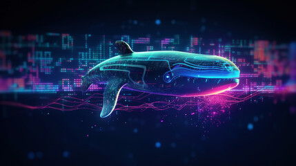 Big data visualization. Flight of a digital whale in neon colors. Information aesthetic design. Generative AI