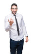 © Krakenimages.com - Young handsome business man wearing glasses over isolated background Beckoning come here gesture with hand inviting happy and smiling
