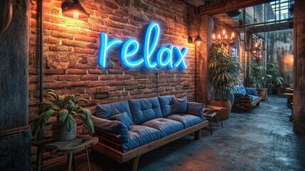 A room with a couch and a blue neon sign relax