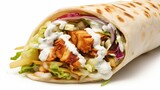 Fototapeta Sport - Delicious chicken shawarma or doner roll with mouthwatering flavors on white background