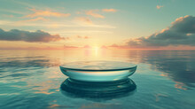Empty Glass Table On Crystal Water Surface On Sunset Sky Background. Show Case For Natural Cosmetic Products.