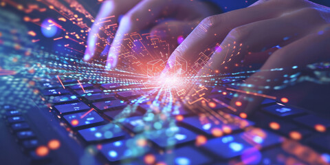 Futuristic Typing and Coding Concept.
Close-up of hands typing on a keyboard with futuristic digital effects.