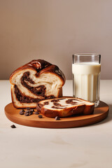 Wall Mural - Chocolate Babka with milk on the beige table, copy space