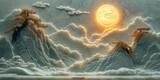 Fototapeta Fototapety z końmi - A picture of a mountain scene with a full moon, jade landscape in Chinese style