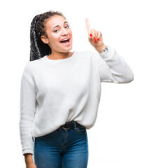 Poster - Young braided hair african american girl wearing winter sweater over isolated background showing and pointing up with finger number one while smiling confident and happy.