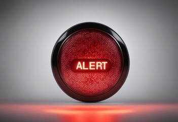 Red glowing warning lamp or button isolated on white with the words Alert