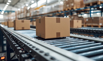 Cardboard boxes on conveyor rollers ready to be shipped by courier for distribution.