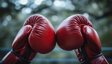 Fototapeta  - Red and blue boxing gloves clashing. Head-to-head confrontation and conflict.