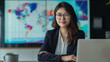 © pisan thailand - asian stock analysis girl with glasses sitting front of his laptop presenting data about investment portfolio with world map on the projector monitor in meetingroom