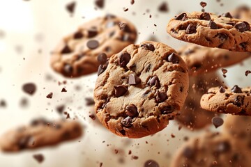 Chocolate chip cookies flying against a plain background. AI generative