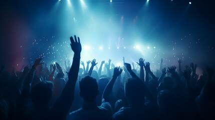 live, rock concert, party, festival night club crowd cheering, stage lights and confetti falling. Cheering crowd. Blue lights.