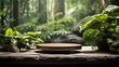 Serene Zen garden with a smooth stone podium surrounded by lush greenery and soft morning light