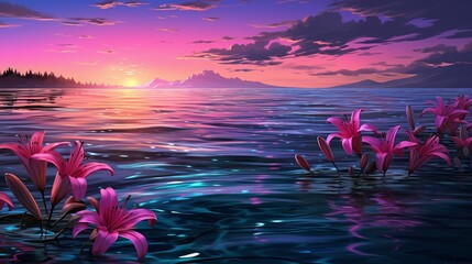 Surreal sea of magenta lilies on a glassy water surface under a gradient twilight sky