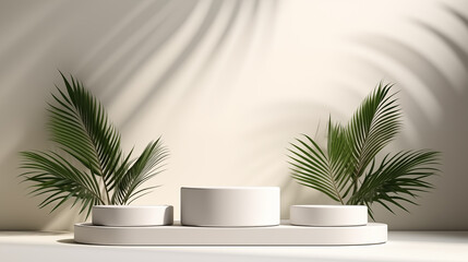 Wall Mural - Palm leaves graceful three round stage podium mockup