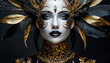 Portrait of a glamorous woman with black and gold paint on her face.