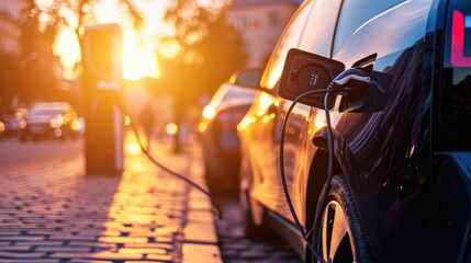 Wall Mural - EV car charging at charging station, Car charging at electric car charging station. Electric vehicle charger station for charge EV battery. EV car charging point