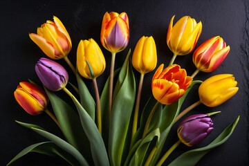 Decorative purple, yellow and orange tulips isolated on black background