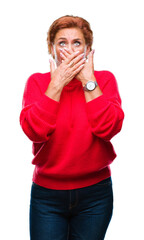 Sticker - Atrractive senior caucasian redhead woman wearing winter sweater over isolated background shocked covering mouth with hands for mistake. Secret concept.