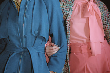 Poster - Fashion details of blue coat and pink blouse. Lifestyle details. Casual clothing