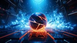 Fototapeta Sport - Dynamic athletic breakthrough with a glowing gridiron ball bursting through geometric ice in a neon-lit arena