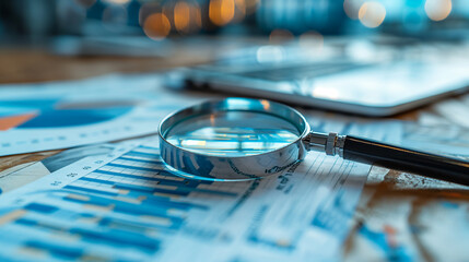  magnifying glass lies on the table for Analytical research in economics, study of financial data