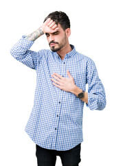 Wall Mural - Young handsome business man over isolated background Touching forehead for illness and fever, flu and cold, virus sick