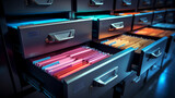 Fototapeta  - Close-up of an open metal filing drawer with folders organized inside, office efficiency theme