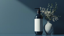 Shampoo Dispenser Bottle With Blank Label And Vase With Flowers On A Navy Blue Background. Mock Up. Copy Space.