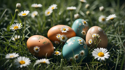 Wall Mural - Easter eggs with a print of daisies lie in the green grass