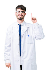 Poster - Young professional scientist man wearing white coat over isolated background showing and pointing up with finger number one while smiling confident and happy.