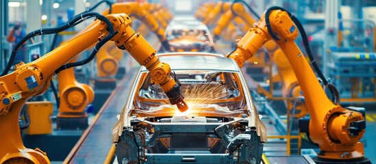 Wall Mural - Car manufacturer. Car Factory Digitalization Industry. Automated Robot Arm Assembly Line Manufacturing High-Tech Electric Vehicles