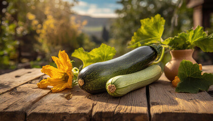 Wall Mural - Courgettes sur la table en bois dans le jardin potager,  jardinage et légumes frais - IA générative