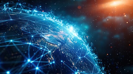 Digital data network conveying global abstract illustration of a scientific technology data network surrounding planet earth conveying connectivity