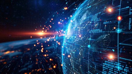 Digital data network conveying global abstract illustration of a scientific technology data network surrounding planet earth conveying connectivity